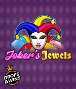 Enjoy the vibrant world of Joker's Jewels slot by Pragmatic Play, showcasing a mesmerizing joker's mask adorned with a brightly colored jester hat. This graphic evokes the light-hearted fun of casino gaming, set against a purple background. Ideal for casino game enthusiasts, promising a delightful play experience. 