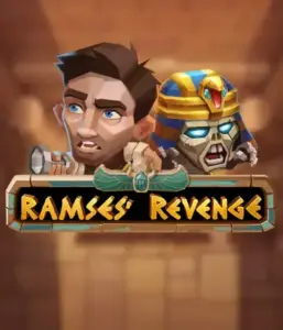 Explore the ancient world of the Ramses' Revenge game by Relax Gaming, showcasing a frightened explorer and a terrifying mummy against an Egyptian tomb backdrop. This image depicts the excitement of tomb exploration, perfect for fans of Egyptian-themed slots, offering a thrilling gaming experience. 